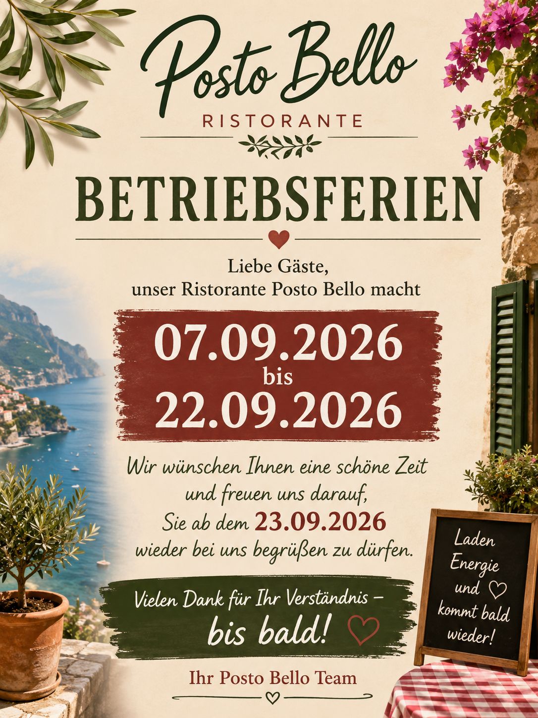 Betriebsferien vom 07.09.2026 bis 23.09.2026 im Restaurant Posto Bello in Waldacker
